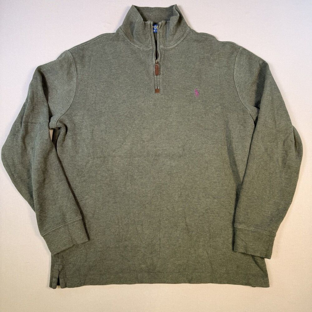 Polo Ralph Lauren Quarter Zip Pullover Sweater Green Sz Large Maroon Pony EUC
